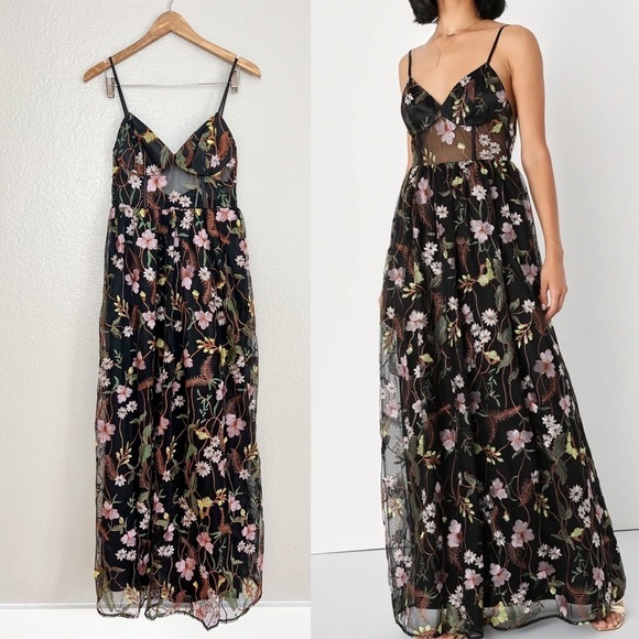 Radiant Fantasy Black Floral Embroidered Tulle Maxi Dress - Picture 1 of 9